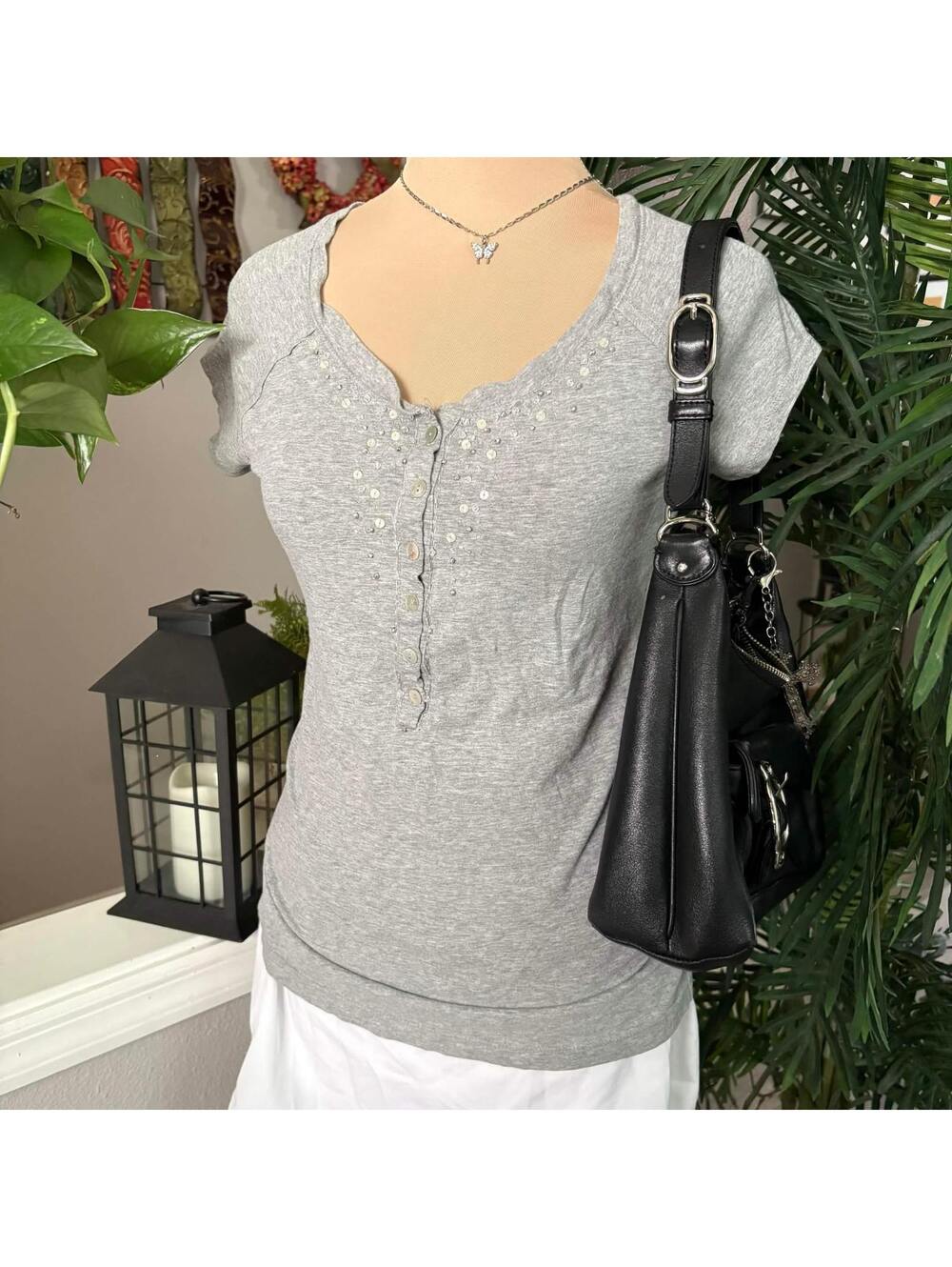 grey y2k fitted henley top